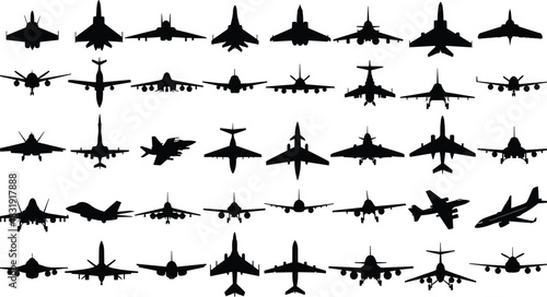 Aircraft silhouette collection, military jets, commercial airplanes, bomber shapes, aviation icons, top view planes, flight design, aerospace vector art