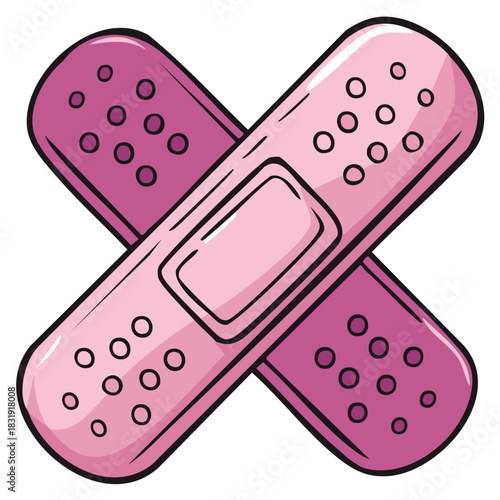 Two Crossed Pink Adhesive Bandages Cartoon Style Depiction of Medical First Aid Treatment Items for Cuts Scrapes and Minor Injuries