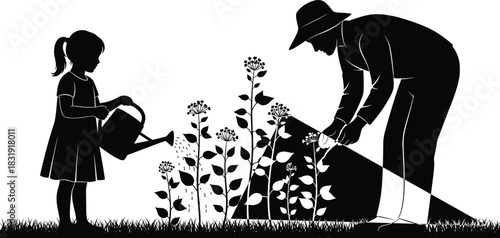Father and daughter gardening together silhouette vector illustration, child watering flowers while parent tends to plants, family, nature, and teamwork concept scene