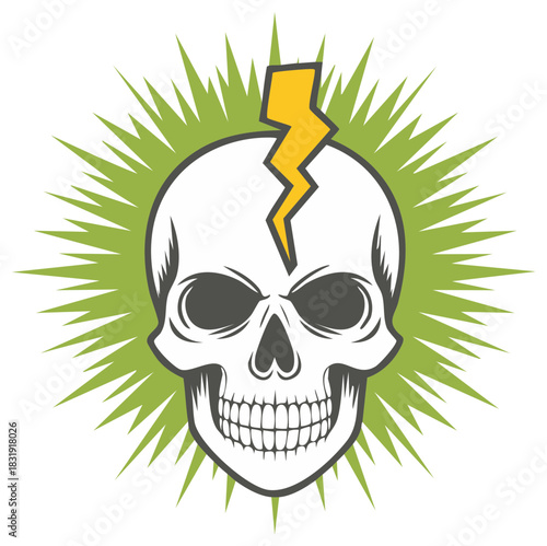 Stylized Skull with Yellow Lightning Bolt and Energetic Green Spike Aura