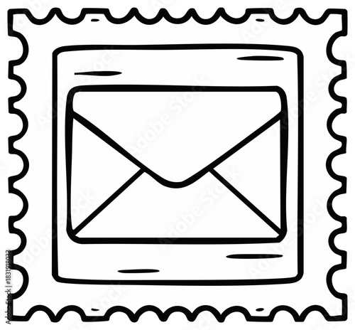 Hand-drawn outline of a stamp featuring a closed envelope inside.