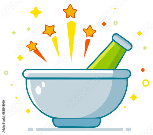 Cartoon Mortar and Pestle with Stars Sparkles Celebration Icon Vector Illustration