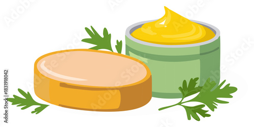 Creamy Yellow Paste and Round Soap with Parsley Illustration for Freshness and Natural Beauty