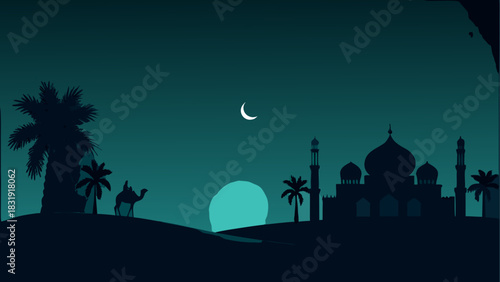 Silhouette of mosque and camel under the moonlit