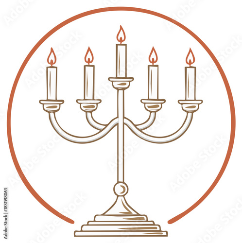 Elegant five candle candelabra with lit flames in a classic round frame illustration