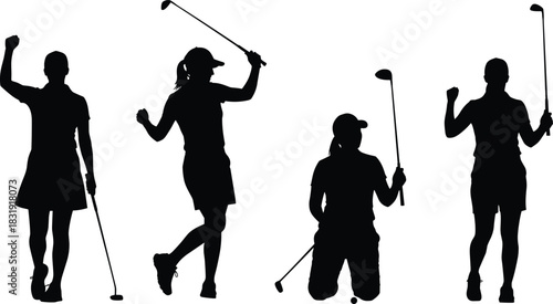 Female golf player vector silhouette set, showing various poses like putting, swinging, and celebrating, ideal for sports graphics, fitness advertising, or competitive golf banners.