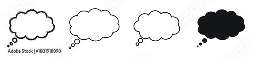 Set of four black thought bubbles in different styles including sketch, outline, and silhouette, presented as a collection of graphic elements