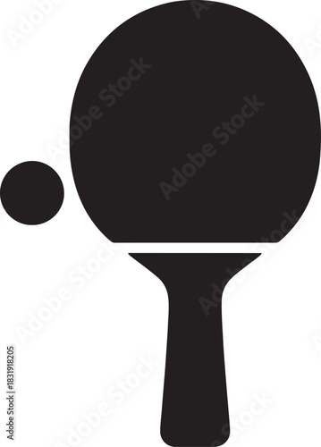 Bold vector silhouette of a table tennis paddle and ball, perfect for sports icons, logos, and design use.