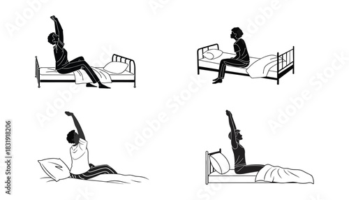 A set of morning stretches in bed routine sillhouette vector