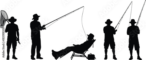 Fisherman Silhouette Set, Man Fishing with Rod and Reel, Relaxing in Chair, Holding Net, Outdoor Leisure, Hobby, and Sport Icon, Isolated Vector Design