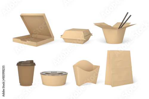 Takeaway containers packages mock up 3D vector set, craft brown paper fast food and drink boxes, bag, bowl, cup blanks