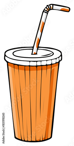 Orange drink in a tall paper cup with a straw for beverages and refreshment.