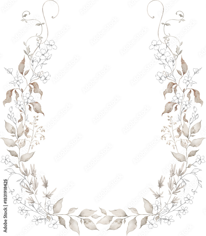 Obraz premium Watercolor wreath with wild branches, grass, plants. Floral frame, botanical wedding invitation. Ethereal leaves and branches. Pressed, dried bouquet