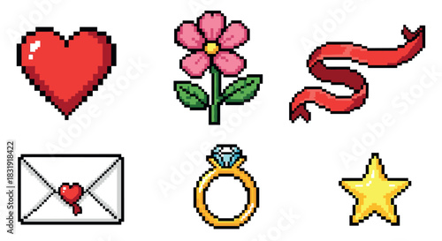 Pixel art romantic icon set with a heart, flower, ribbon, envelope, ring, and star in a retro 8-bit video game style for design elements