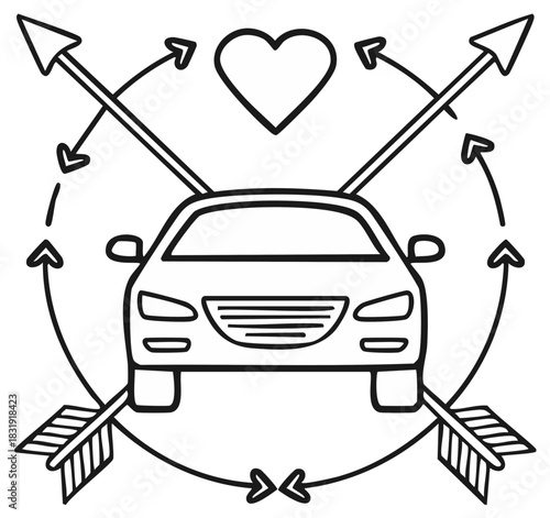 Line art of car with arrows and heart for romantic or love concepts.