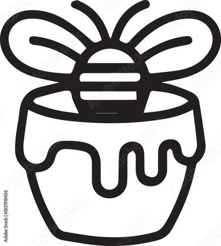 Honey pot icon with bee for design, sweet food symbol, organic ingredients logo, nature art