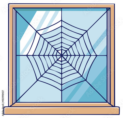 Cartoon spider web in a simple window frame with blue panes
