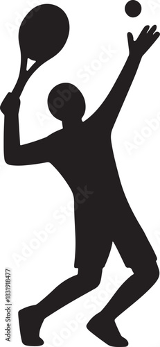 Bold vector silhouette of a tennis player serving with racket, ideal for sports icons and graphic design.