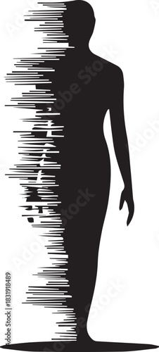 Abstract silhouette of a human figure dissolving with powerful digital glitch effect vector illustration