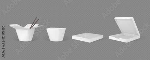 Set of white blank cardboard takeaway boxes for noodles and pizza, open and closed.