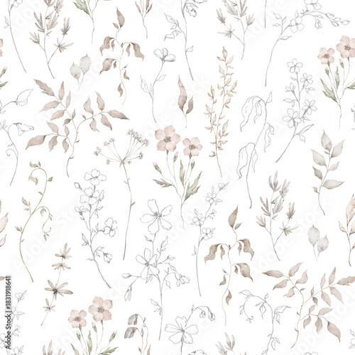 Watercolor seamless pattern with ethereal wildflowers, leaves. Wild plants, flowers, branches. Nature floral background