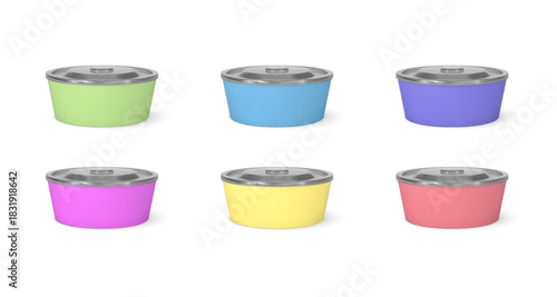 Craft paper bowl with clear plastic lid, takeaway food round container various colors realistic 3D vector template set