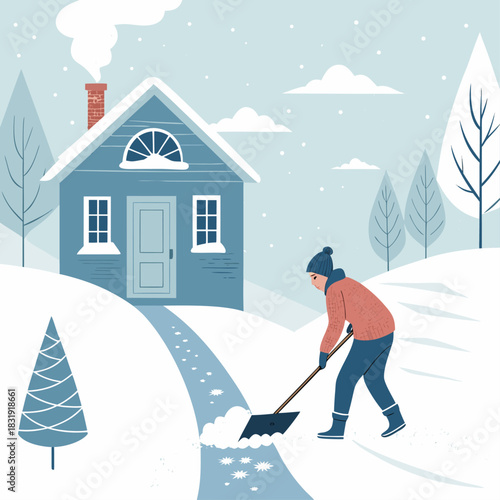 Una persona con una pala despeja el sendero cubierto de nieve frente a una casa azul durante una nevada.
