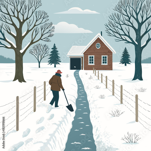 Un hombre retira la nieve de un camino angosto frente a una casa de campo rodeada de árboles y paisaje nevado.
