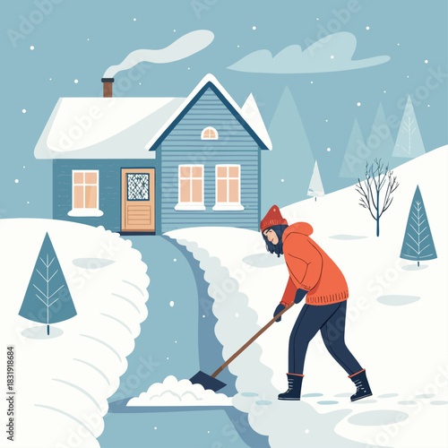 Una mujer usa una pala para quitar la nieve acumulada en el sendero que conduce a su casa en un entorno invernal.
