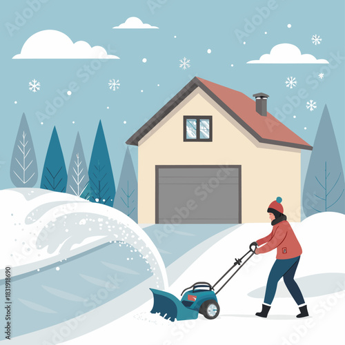 Una mujer utiliza una máquina quitanieves para limpiar el camino frente a su casa, rodeada de nieve y árboles en un paisaje invernal.
