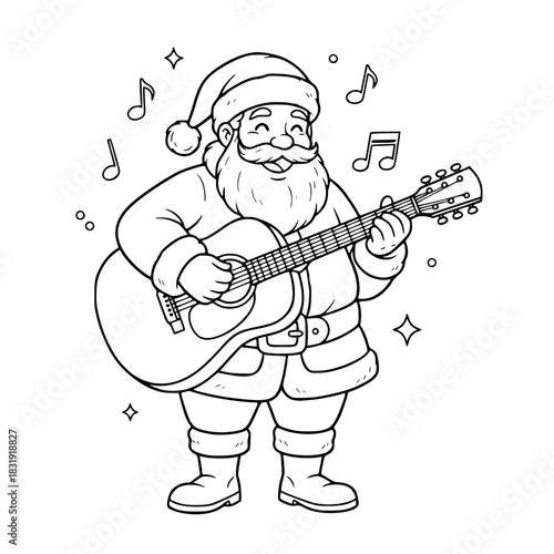 Santa Claus Playing Guitar Outline Vector. Isolated Christmas Music Coloring Page Graphic.