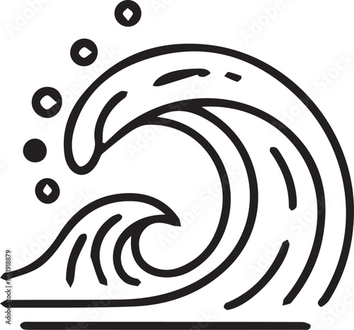 Stylized Line Art Wave with Bubbles, Seascape Icon, Clean Graphic Design Ocean Pattern