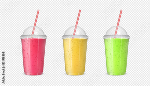 Smoothie plastic cup takeaway packages mock up 3D vector set, transparent container filled cold drink with lid and straw