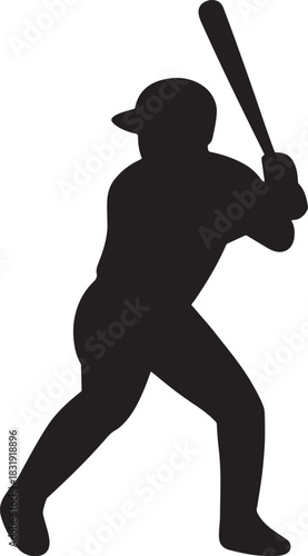 Bold vector silhouette of a baseball hitter with bat, perfect for sports icons and graphic design.