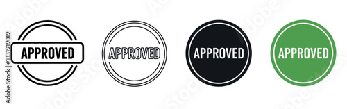 Collection of four approved stamp icons in various graphic styles like grunge, line art, and solid colors, representing validation and quality control,