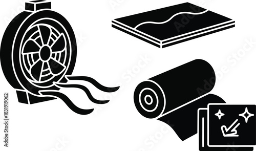 Ventilation fan blowing air onto rolled material and flat sheets