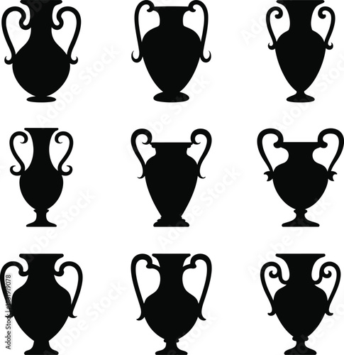 Nine black silhouette ancient Greek amphora vases ancient Greece 1