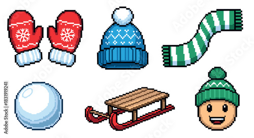 Pixel art winter clothing and activity icons set with red mittens, a blue hat, a striped scarf, a sled, a snowball, and a happy face in a retro 8-bit video game style isolated on white