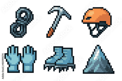 Pixel art icons of mountain climbing equipment including a rope, ice axe, helmet, gloves, and crampons in a retro 8-bit video game style