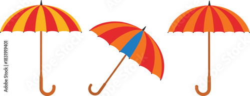 A vector set of three vibrant, open umbrellas featuring red, orange, and yellow stripes, symbolizing rain protection, weather, summer beach shade, and bright, seasonal designs