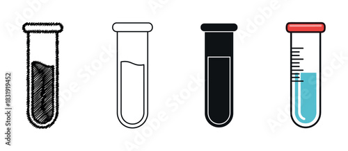 Four laboratory test tube icons in various styles including sketch, outline, silhouette, and flat color, representing scientific research and chemical experiments,