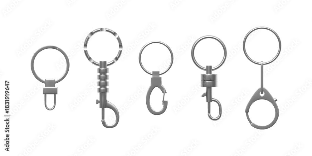 Naklejka premium Realistic set of metal carabiners with ring, lobster clasps in various shapes vector set, silver carabiner for keychain