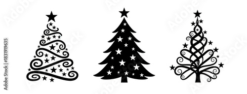 stylized black christmas trees with spiral and star designs christmas black silhouette clipart set. black Christmas tree drawing clip art collection in white background for xmas season pine tree flat 