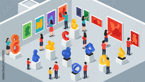 Visitors engage with captivating modern art at a vibrant gallery exhibition showcasing unique sculptures and colorful paintings