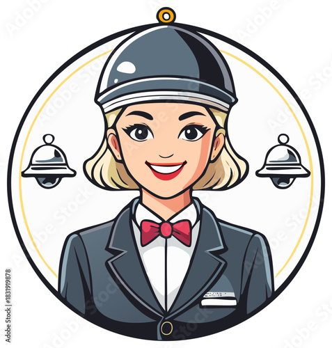 Cartoon Waitress in Uniform with Food Dome and Service Bells Illustration