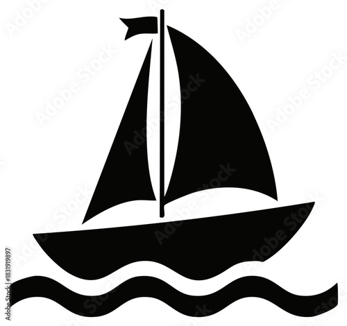 Black silhouette of a sailboat with sails up moving on wavy water
