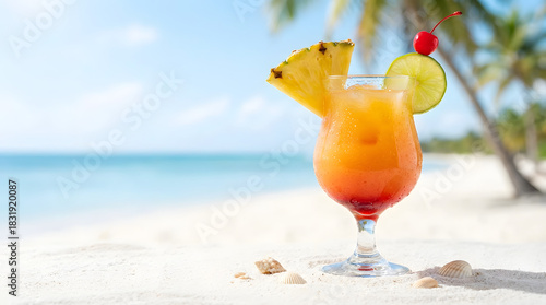 Ultra-Clean Commercial Shot of Tropical Cocktail on White Sand Beach