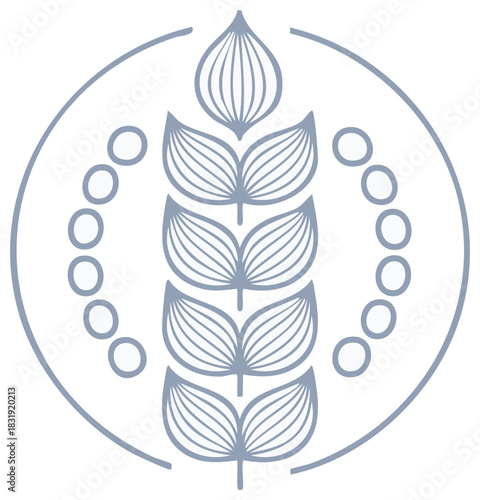 Abstract stylized wheat stalk emblem with circular design and dots
