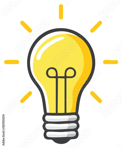 Bright glowing yellow light bulb icon symbol of creative idea innovation solution discovery development