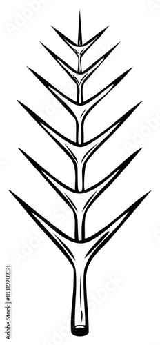 Stylized black and white line art drawing of a spiky thorn branch, minimalist and symmetrical